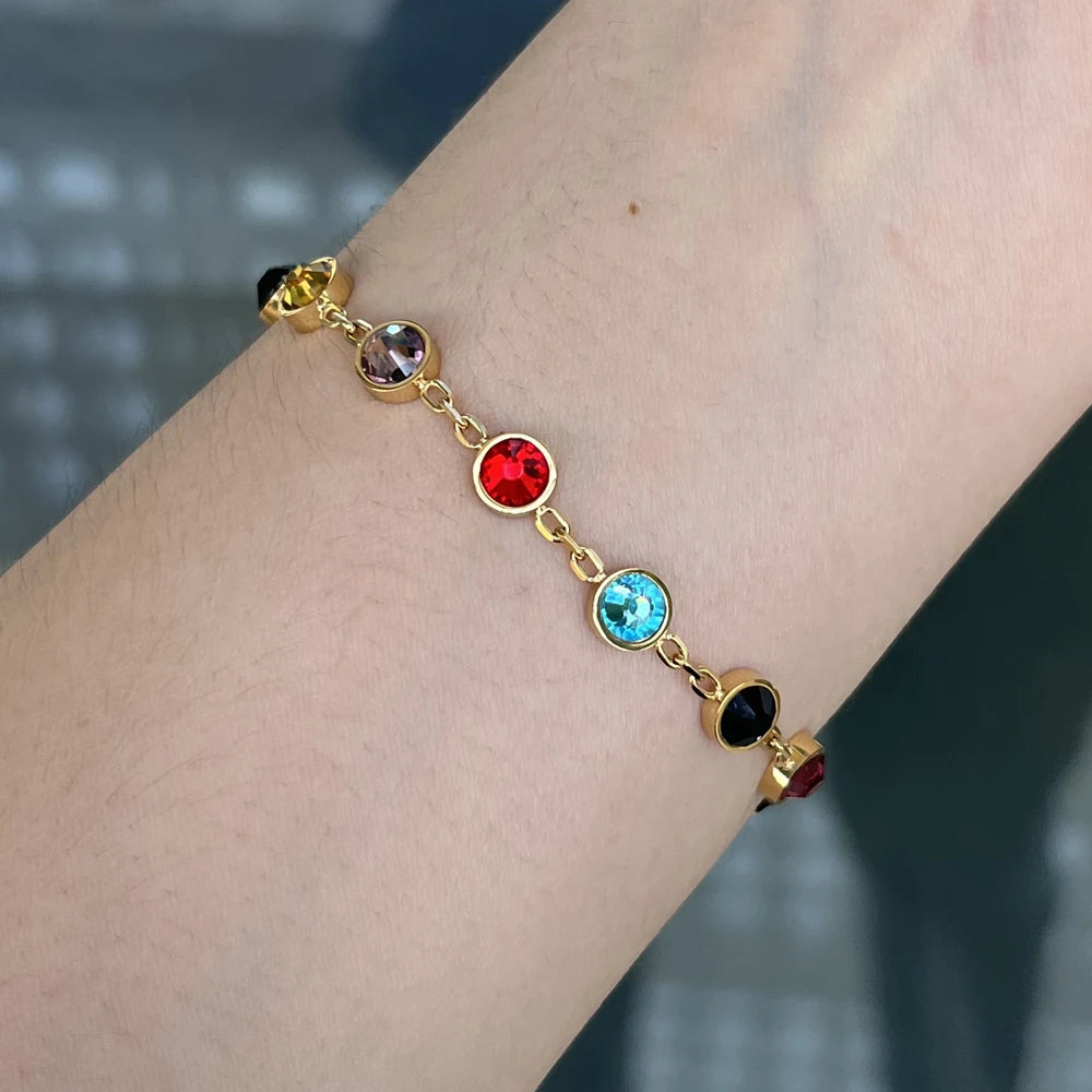 JINHUI Colorful Bejeweled Bangle Popularity TS Stainless Steel Bracelets for Women 12 Birthstones Rainbow Crystal Chain Jewelry