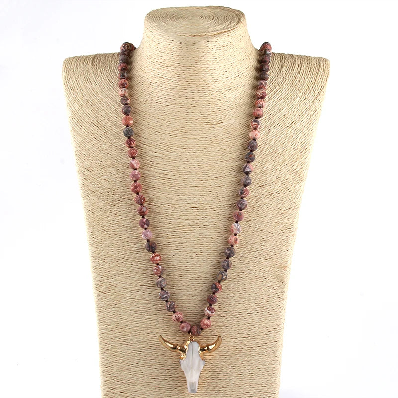 Fashion Bohemian Jewelry Sem Stone Knotted Horn Pendant Necklace For Women Boho Ethnic Necklace Gift