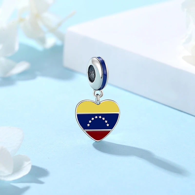 925 Sterling Silver Charms Flag Of Venezuela Heart Pendant Beads Fit Original Pan Brand Bracelets Necklaces Jewelry For Women