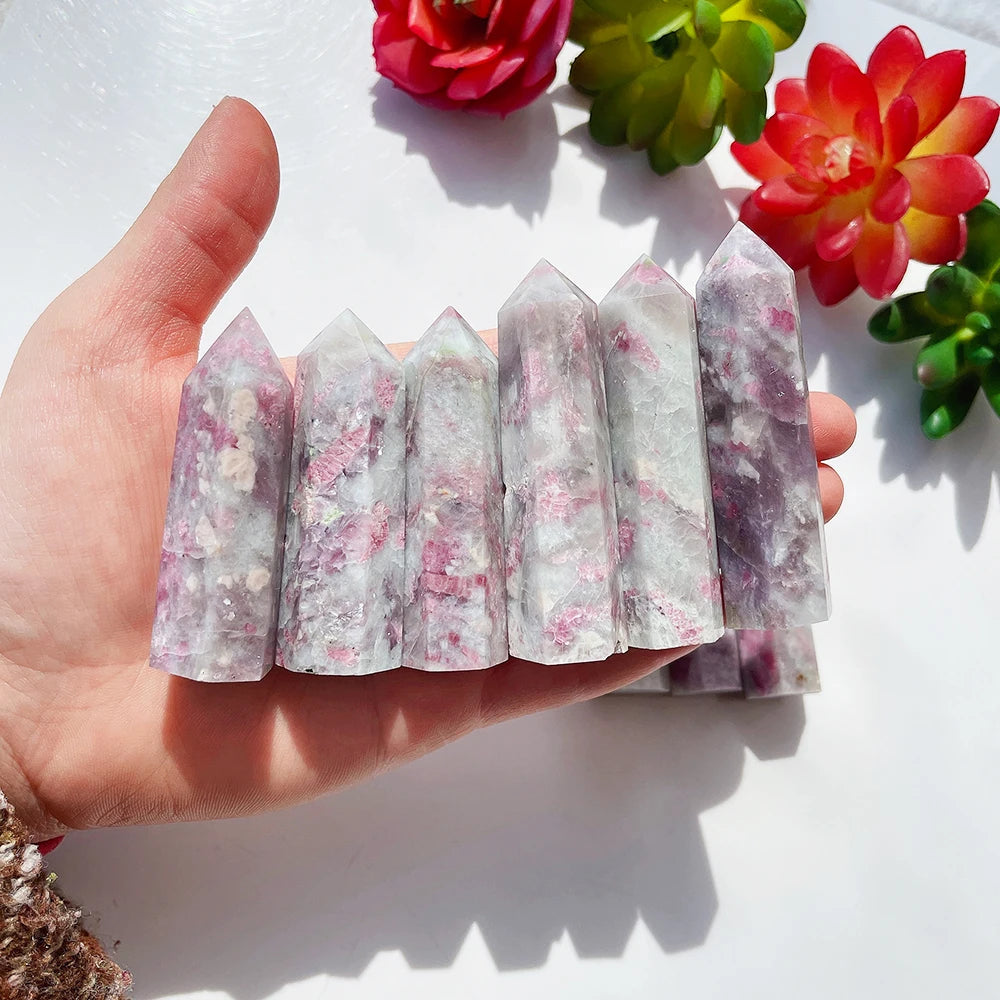 Beautiful Natural Quartz Tower Healing Plum Blossom Tourmaline Crystal Point Faceted Prism Wand Energy Ore Mineral Home Decor