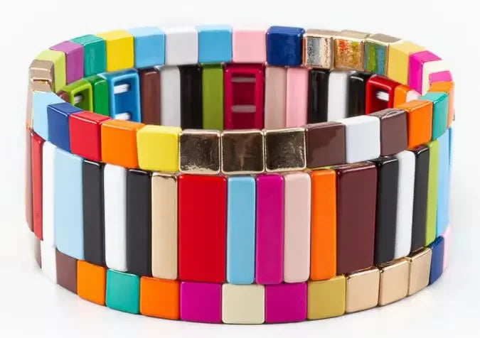 2022 New Fashion Enamel Rainbow Tile Hand Bracelet Colorful Enameled Elastic Bead Bracelet Jwelry for Women Accessories Suit