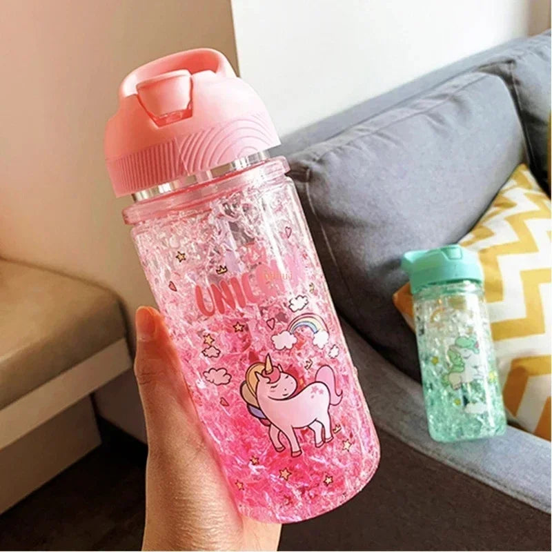 Stylish Double Straw Unicorn Ice Cup Summer Cold Drink Juice Coffee Water bottle Boy's Girl's Portable Plastic Cups Novelty Gift