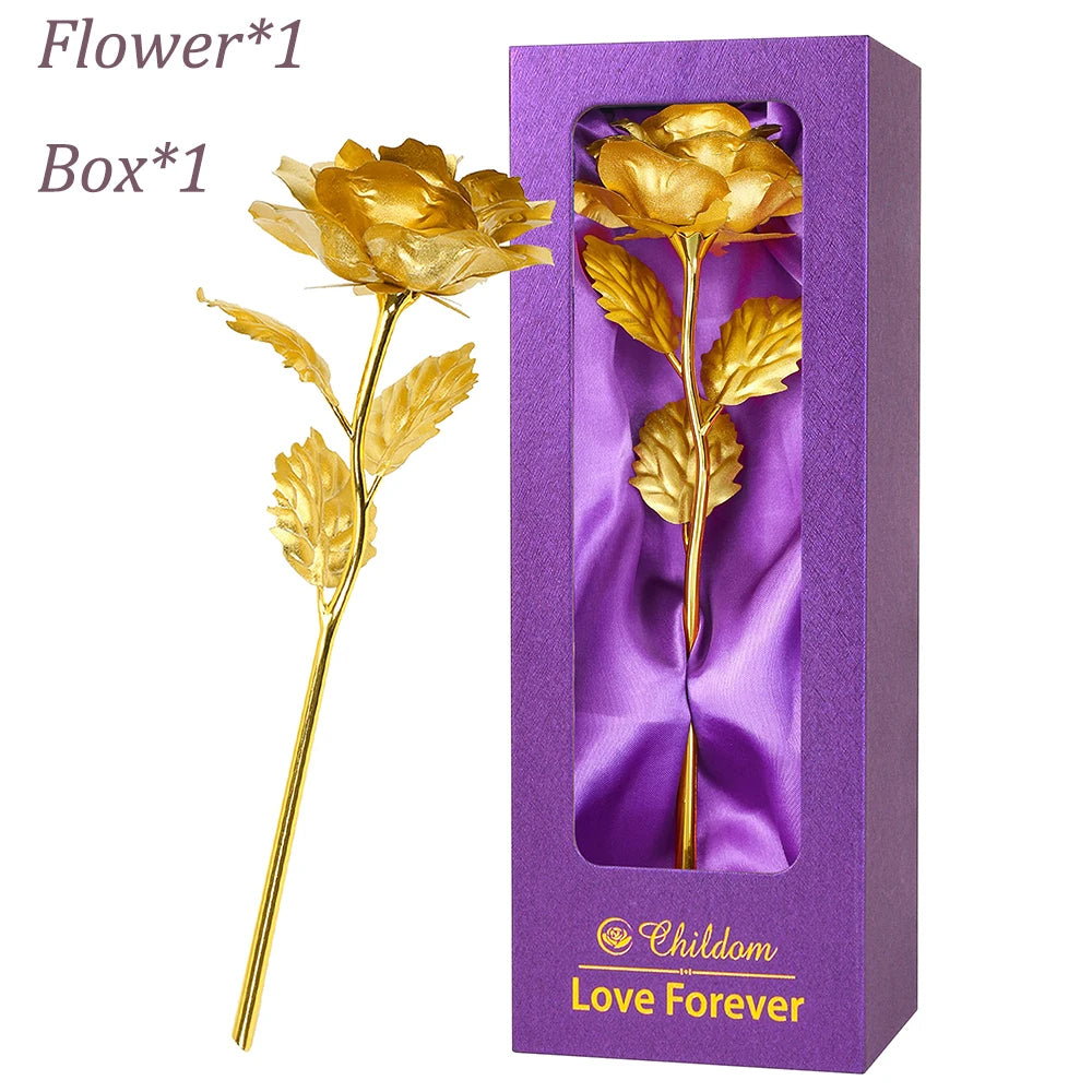Artificial Rose Flowers 24K Foil Plated Rose Valentines Day Christmas Gift for Wife Mother Lasting Forever Love Golden Flower