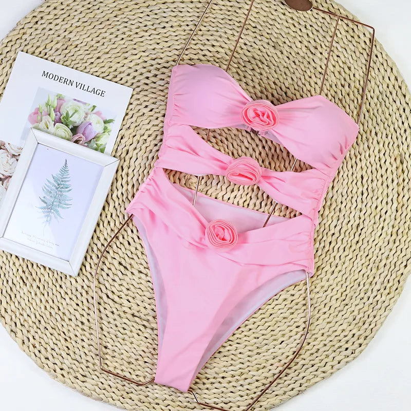 Sexy Solid Bikini 2025 Women Swimsuit Female Swimwear Bikinis Set Brazilian Beach Hollow Out 3D Flower Bathing Suit Biquini