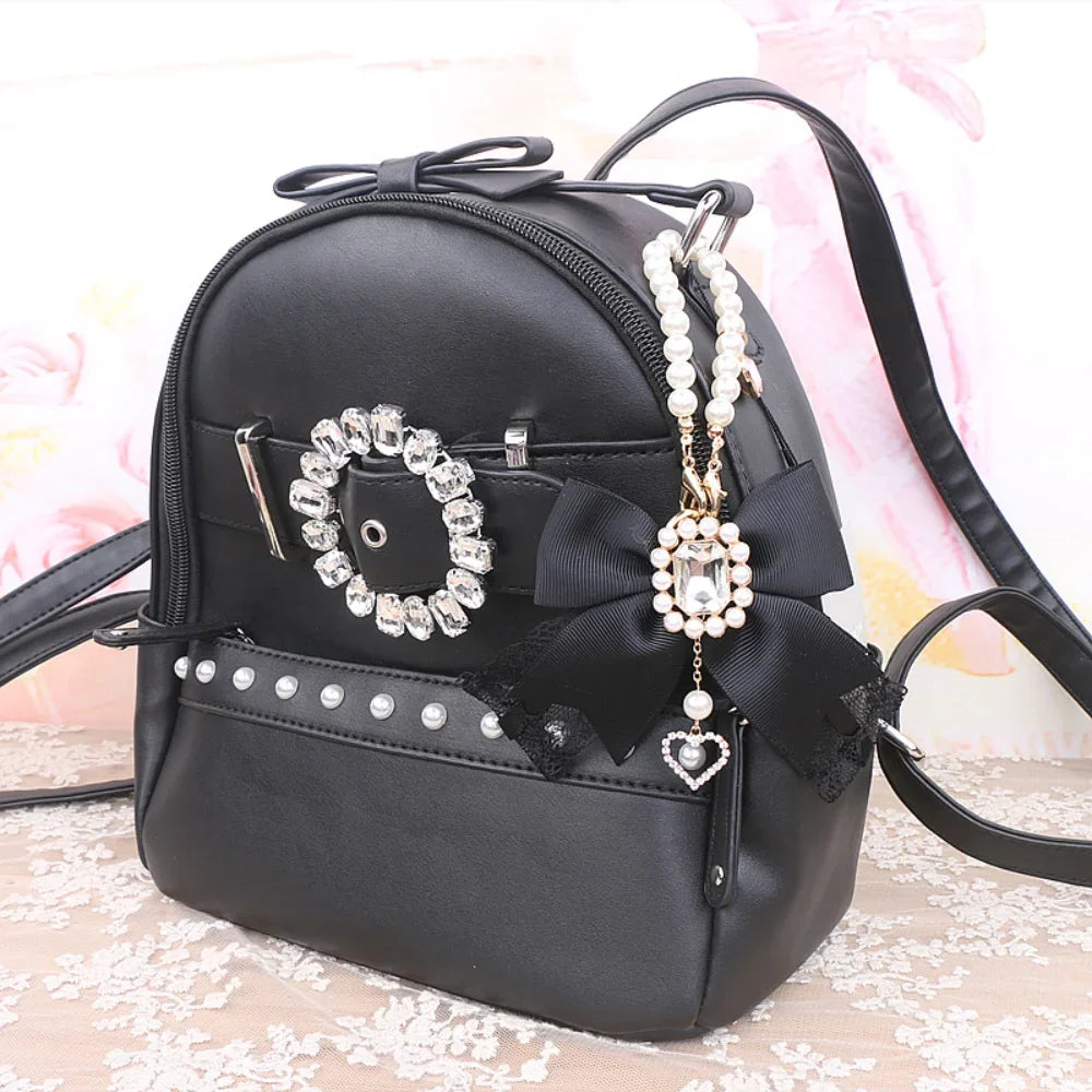 Japanese Sweet Cute Handmade Rhinestone Bow Hairpin Pearl Lace Hairclips Lolita Women Girls Side Clip Bag Pendant Handbag Charms