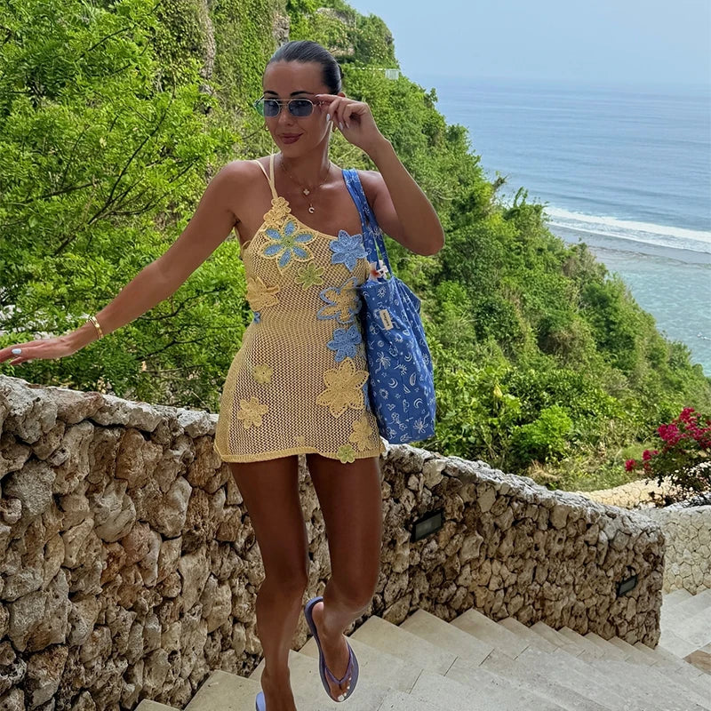 Sexy Beach Women's Set Beading Flower Crochet Crop Top Slim Maxi Skirt Female Suit 2025 Summer Hollow Out Knit Lady Dress Sets