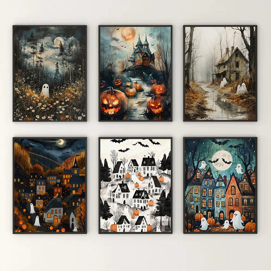 Spooky Halloween Town Folk Magical Forest Ghost Pumpkin Illustration Poster Canvas Painting Wall Pictures Holiday Home Decor