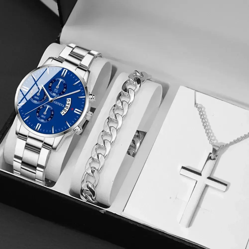 3pcs/set Fashion Business Men's Watch Calendar Alloy Male Watch Bracelet Necklace Jewelry Set Deal Choice for Gifts To Men