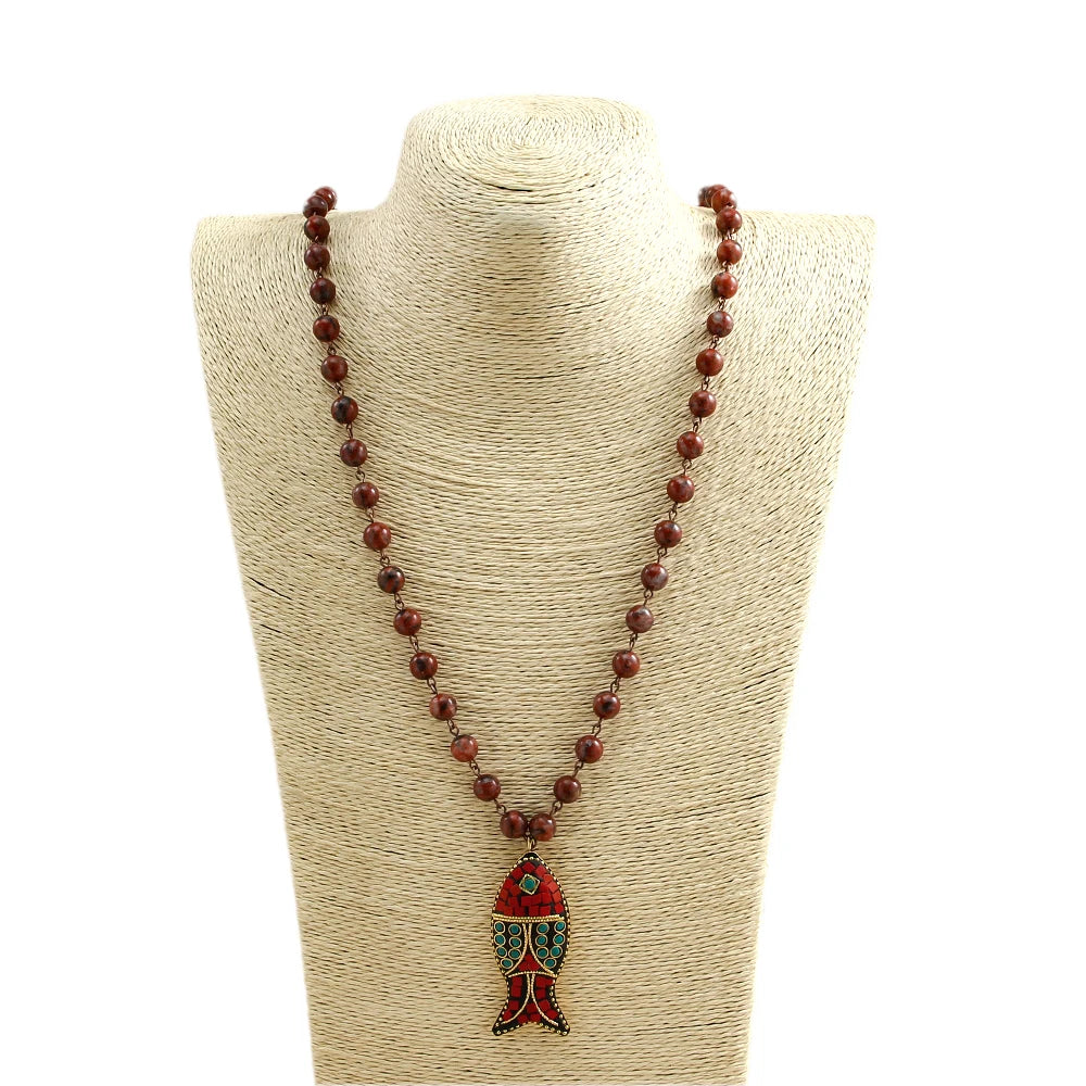 Fashion Link African Stone Ethnic Necklace Bohemian Tribal Jewelry Fish Pendant Halsband For Women Natural Stone Bead Neck