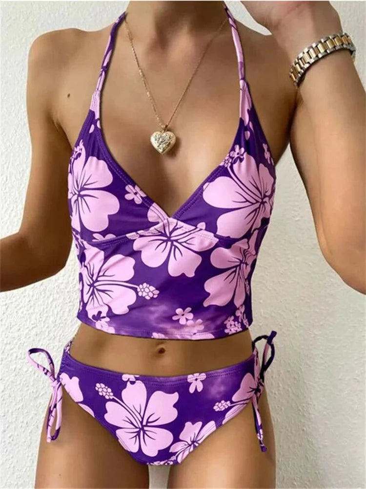 Sexy Yellow Floral Print Bikinis Set Women Halter Push Up Crop Top Swimsuit 2025 Beach Bathing Suit Lace Up High Waist Swimwear