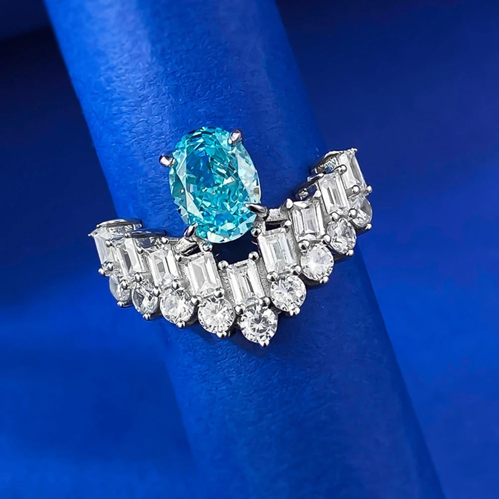 Wong Rain 100% 925 Sterling Silver 6*8 MM Oval Paraiba Tourmaline High Carbon Diamond Gemstone Ring For Women Engagement Jewelry