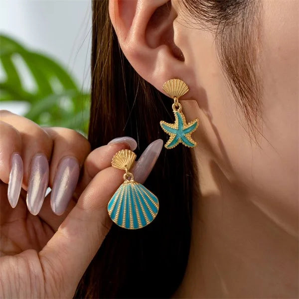 Fashion Asymmetric Ocean Style Earrings Stud  For Women Starfish Shell Earring Ear Ring Imitation Pearl Zircon Jewelry Gift