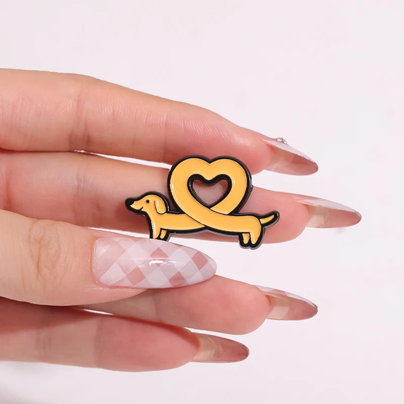 Cute Cartoon Dachshund Enamel Brooch Creative Love Heart Animal Sausage Dog Lapel Pin Badge Backpack Clothing Hat Accessories