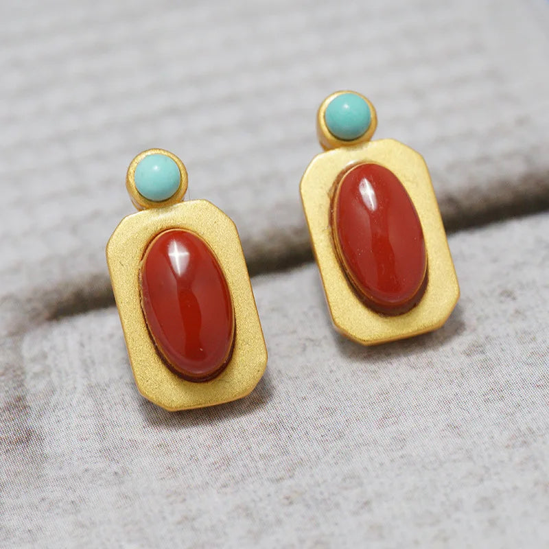 Exquisite artistic style Southern red tourmaline square rings for women inlay turquoise Simple charm jewelry adjustable