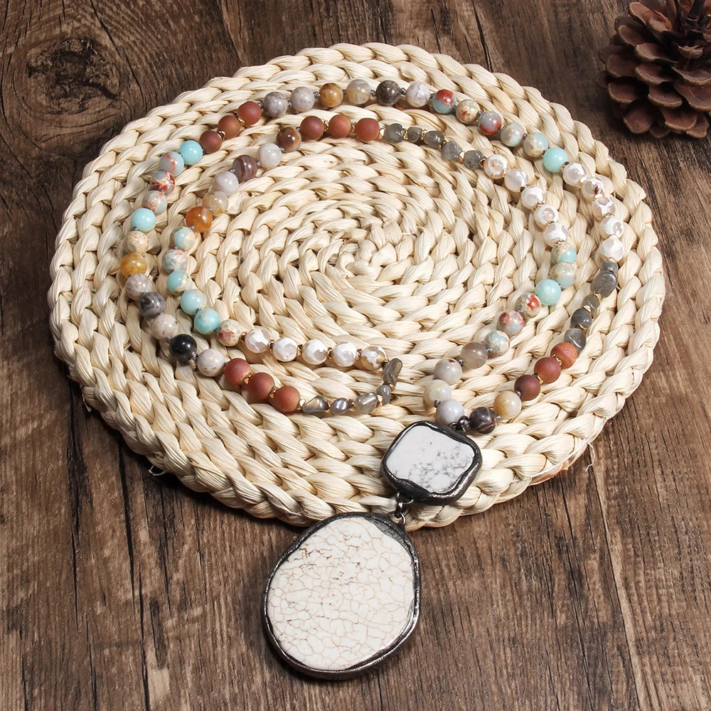 Spring/Summer New Fashion Boho Ethnic Style 8mm Natural Stone Glass Knot Necklace Square and Irregular Stone Pendant Necklace