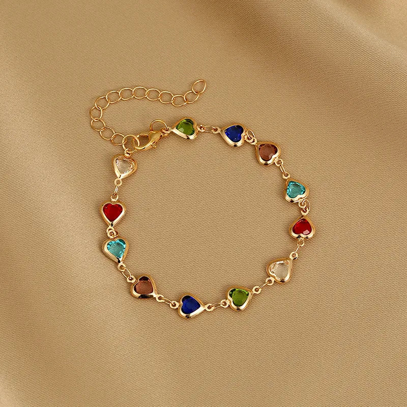 Exquisite Boho Candy Color Heart Shaped Crystal Bracelet for Women Fashion Charm Zircon Butterfly Pearl Metal Chain Bracelets