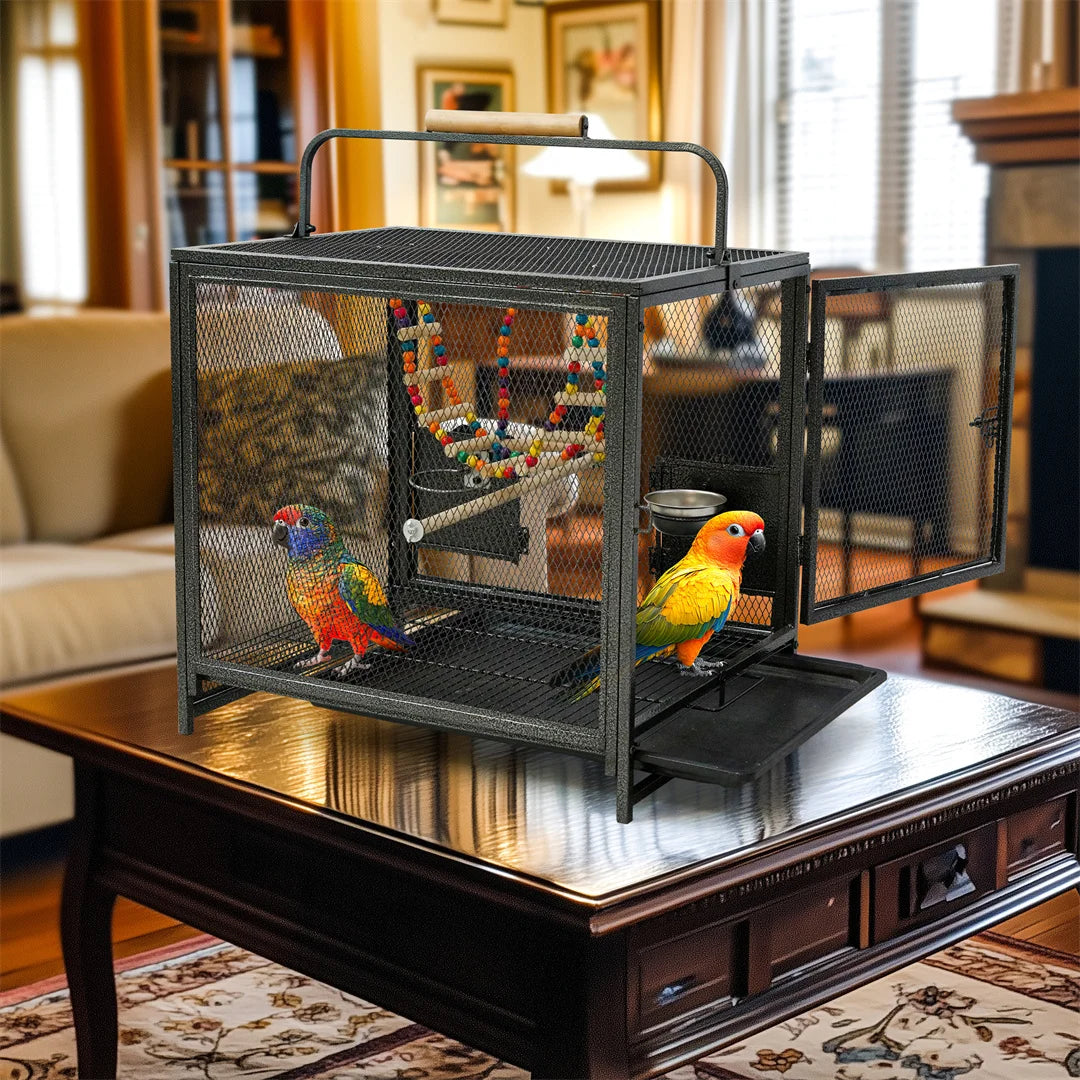 Portable Bird Cage Travel Carrier Cage Playpen with Hammock Toy Removable Tray