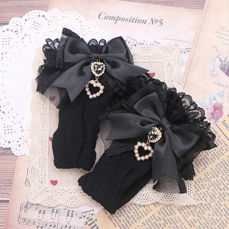 Big Bow Elastic Lace Socks Japanese Jiraikei Style Sweet Cute Lolita Socks Bow with Love Pendant for Girl Women