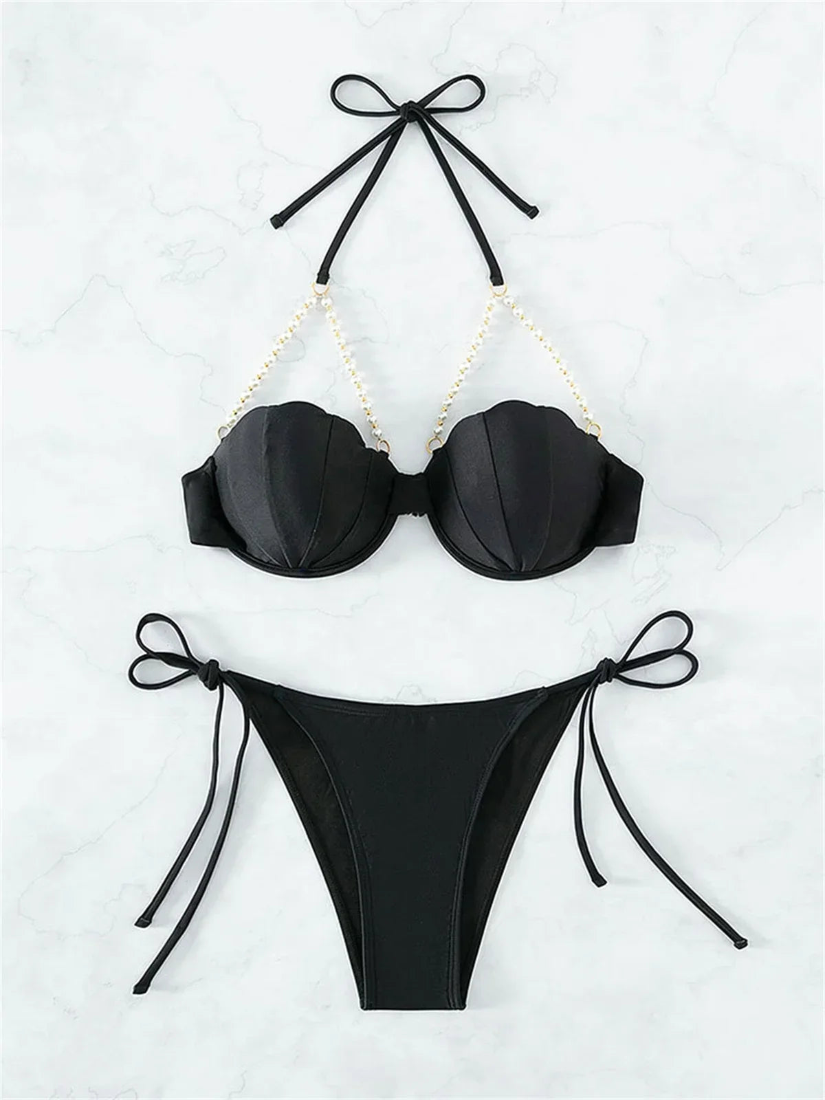 Sexy Shell Shape Underwire Bikini Tie Side Thong Bikinis Swimwear Women 2025 Black Pearls Strap Push Up Bathing Suit Swimsuit