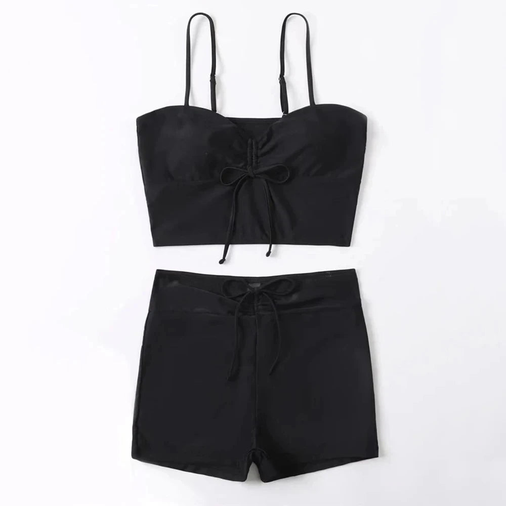 Black Drawstring Swimwear Bikinis Sets Mujer 2025 Crop Top Shorts Bottom Swimsuit Women Sexy Bathing Suit Beachwear Bikini Swim