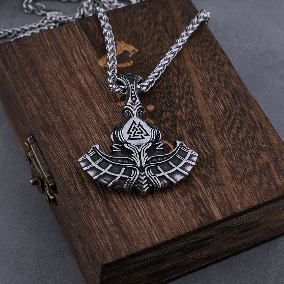 Viking Mjolnir Thor's Hammer with Odin Triangle Rune Necklace Men's Vintage Hip Hop Charm Pendant Stainless Steel Jewelry Gift