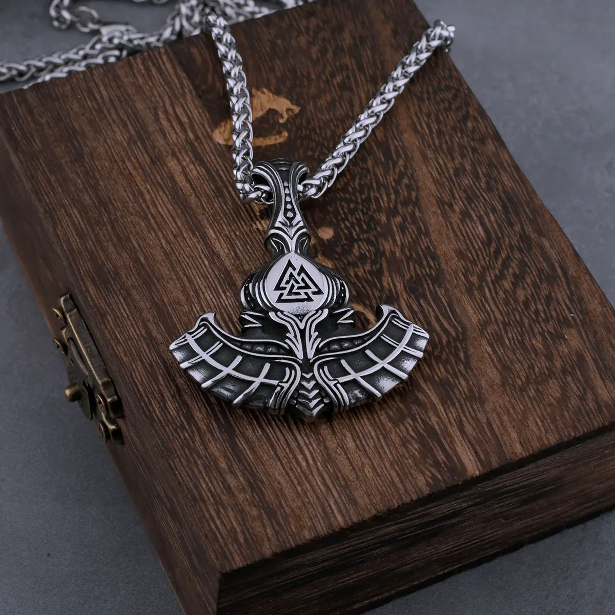 Viking Mjolnir Thor's Hammer with Odin Triangle Rune Necklace Men's Vintage Hip Hop Charm Pendant Stainless Steel Jewelry Gift