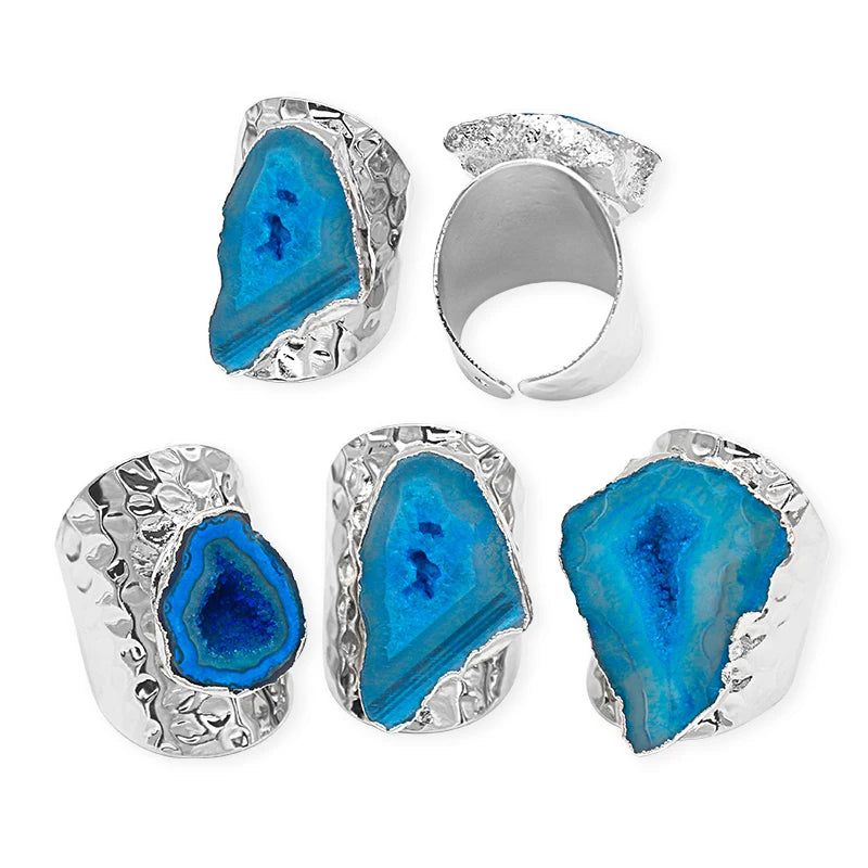 Irregular Geode Stone Agate Slices Open Ring for Women Girls  Silver Color Boho Resizable Finger Jewelry