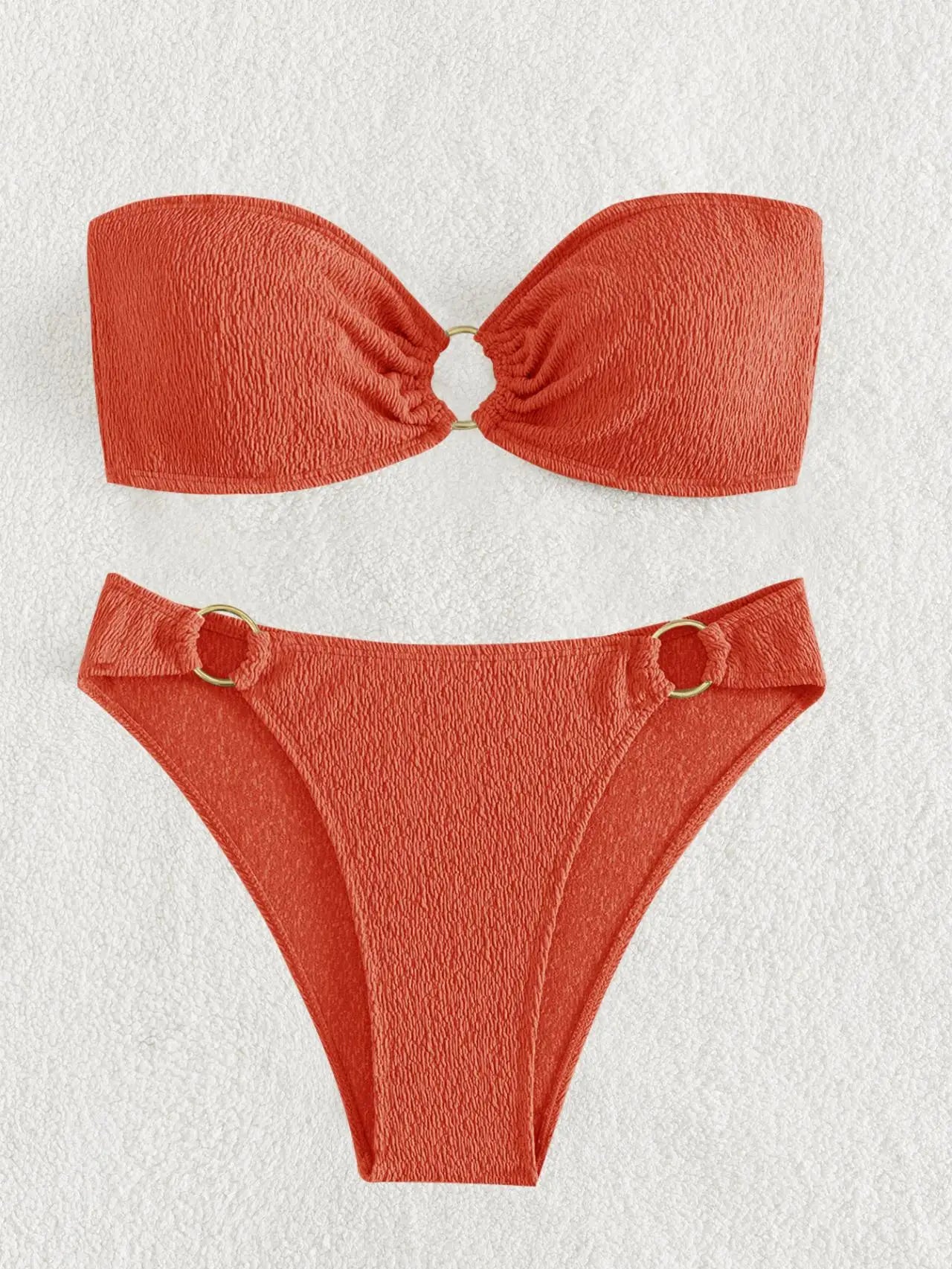 Sexy Bandeau Bikinis Sets Women Metal Ring Linked Push Up Micro Swimsuit 2025 Solid Bathing Suit Thong Swimwear Trajes De Baño