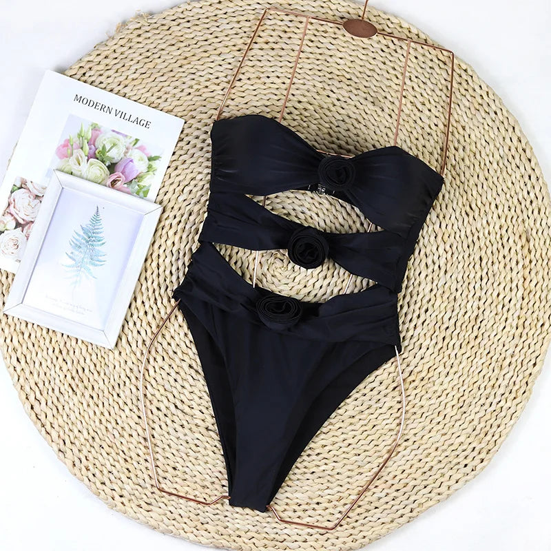 Sexy Solid Bikini 2025 Women Swimsuit Female Swimwear Bikinis Set Brazilian Beach Hollow Out 3D Flower Bathing Suit Biquini