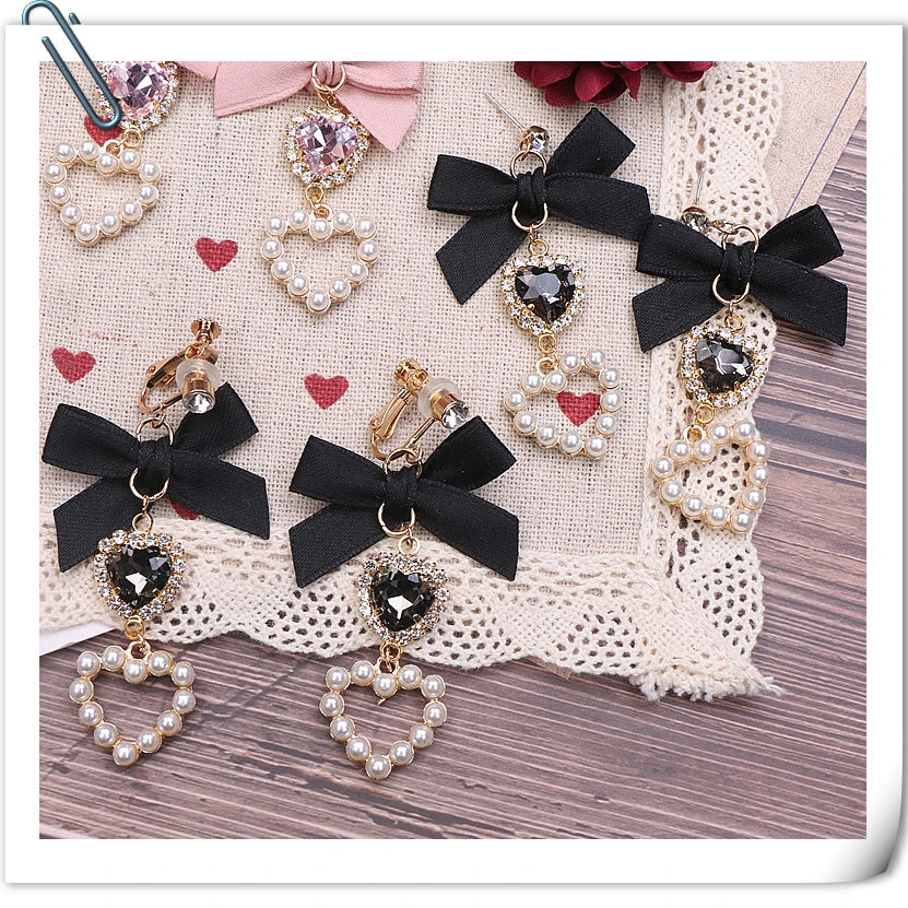 Lolita  Earrings Accessories for Women Lo Style Kawaii Bow Heart Earrings Clip/Needle Cute Women's Rhinestone Pearl