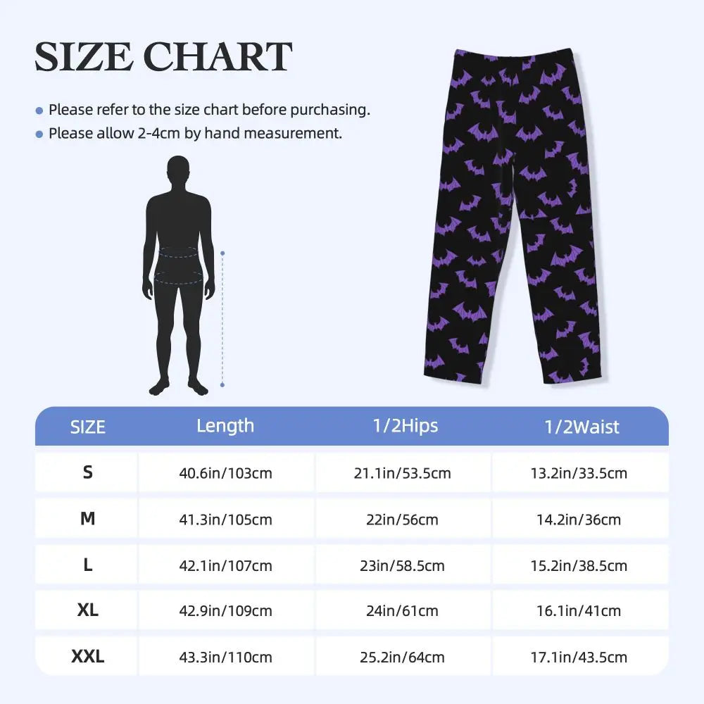 Custom Cute Spooky Halloween Bats Black And Purple Pajama Pants for Men Lounge Sleep Drawstring Sleepwear Bottoms with Pockets