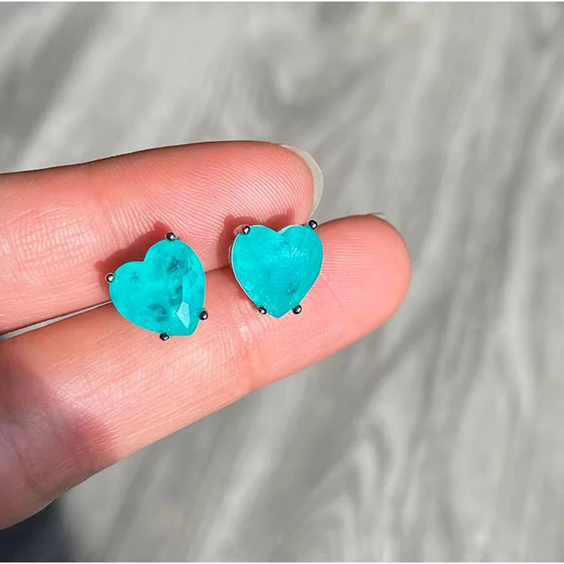 Luxury Silver Color Paraiba Tourmaline Gemstone Heart Necklace Earring for Women Wedding Dinner Party Jewelry Anniversary Gift