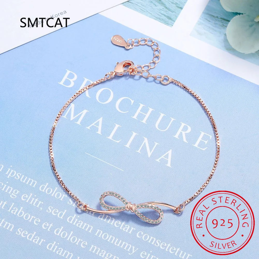 Real 925 Sterling Silver Bowknot Bracelet for Women Shiny Zircon Infinity Love Bracelet Homme Wedding Party Jewelry Gifts