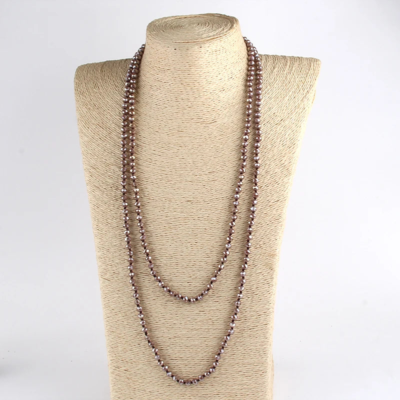 Fashion Bohemian Tribal Jewelry 6mm Crystal Long knotted Glass Crystal Necklace