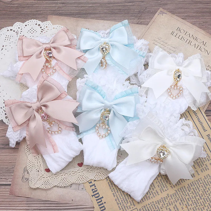 Big Bow Elastic Lace Socks Japanese Jiraikei Style Sweet Cute Lolita Socks Bow with Love Pendant for Girl Women