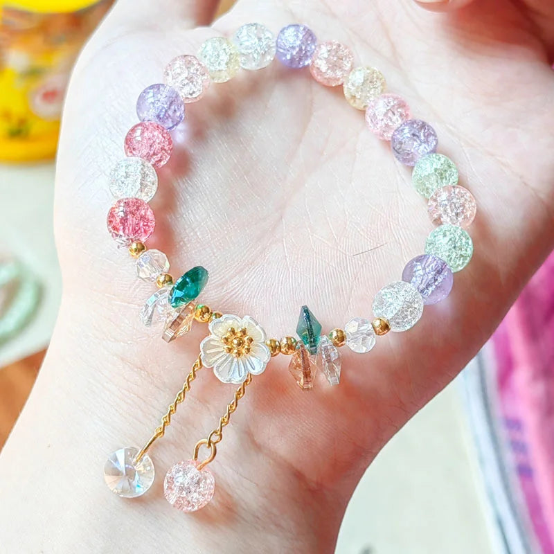 Cute Green Crystal Bead Bracelet for Women Trendy Lily Valley Flower Charm Elastic Adjustable Bracelet Wedding Birthday Jewelry