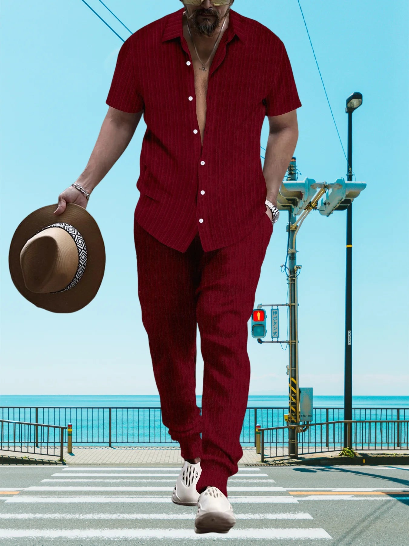 Ultra-thin Ultra-light Summer Men's Shirt Casual Loose Short Sleeve + Trousers Beach Suit Surf Casual Solid Color Lapel Suit
