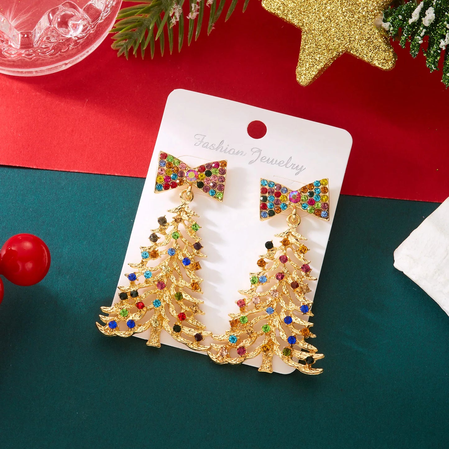 Fashion Gold Color Christmas Tree Earrings with Zircon Crystal Star Stud Dangle Xmas Jewelry for Women Party Gift