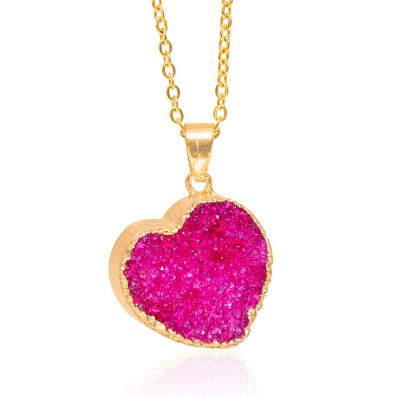 Heart Shaped Druzy Quartz Stone Necklace for Women Raw Crystal Cluster Reiki Healing Pendant Jewelry