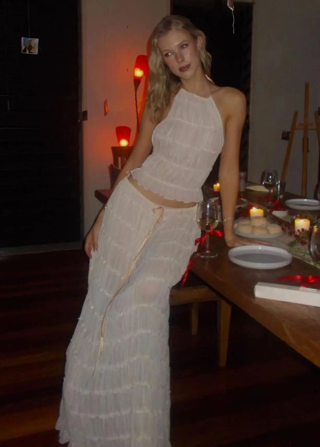 Solid Hang Neck Long Skirt Suit For Women Halter Backless Sling Top Lace Up Fold Maxi Skirt 2024 Hot Fashion Female 2 Piece Set