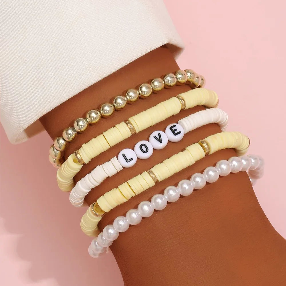 Fashion Rainbow Stackable Bracelets Set For Women Heart Charm Soft Clay Pottery Layering Beads Chain Bangle Female Boho Jewelry