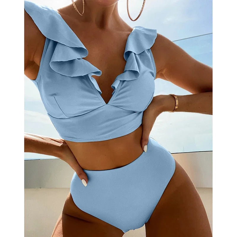 Solid Color Sexy V-neck Ruffle Bikini 2024 Women 2 Piece Swimwear Push Up Padded High Waist Swimsuit Summer Beach Bathing Suit