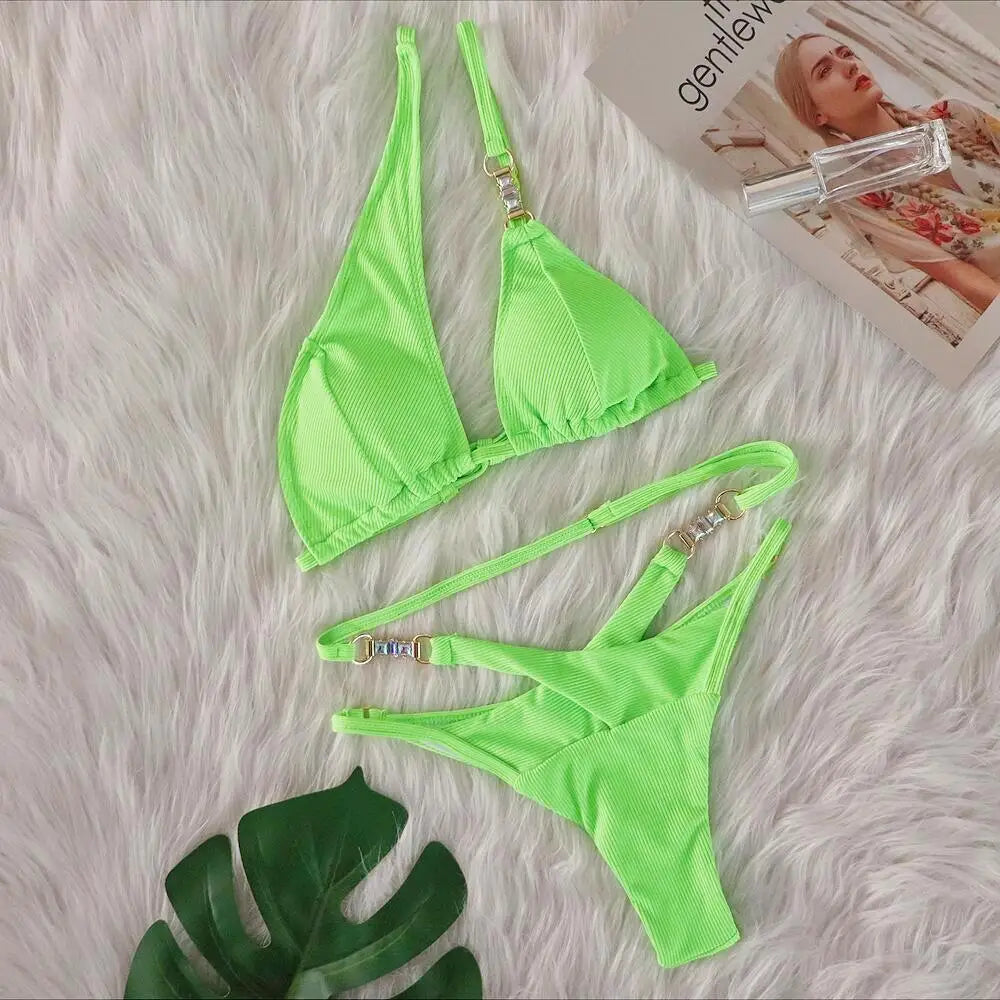 2024 New In Women's Summer Sexy Pink String Bikini Sets Crystal Rhinestone One Shoulder Swimsuit Beach Luxury Swimwear