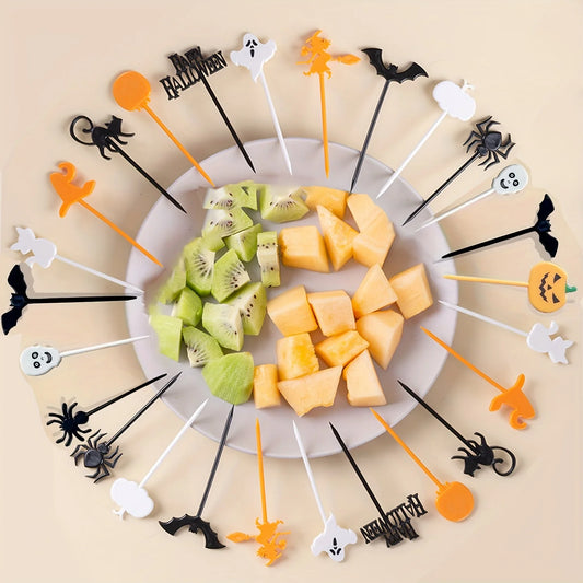 10/30/40PCS Plastic Halloween Toothpicks Halloween Cupcake Topper Ghost Bat Spider Fruit Toothpicks Halloween Party Cake Decorat
