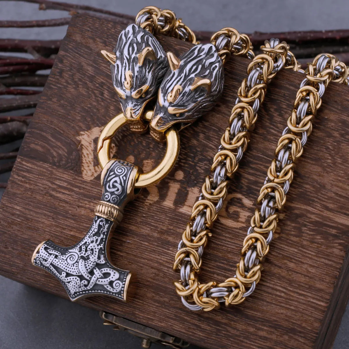 Stainless Steel Wolf Head Viking Amulet Thor Hammer Pendant Necklace Pirate King Chain Men's Necklace Pendant
