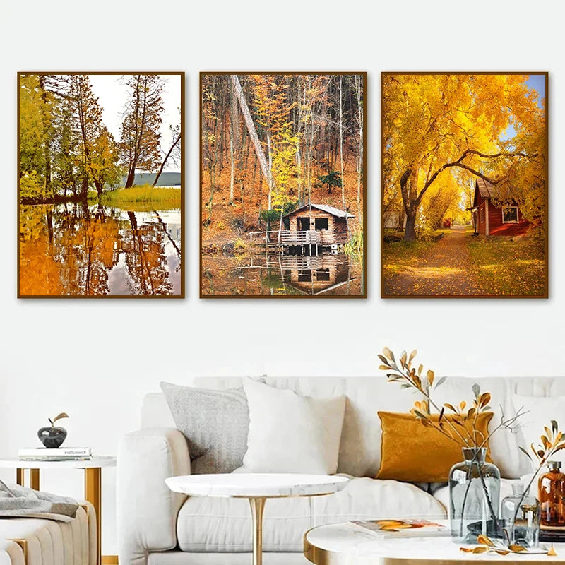 Autumn Yellow Leaves Fall View Landscape Wall Art Print Canvas Painting Pumpkin Halloween Poster Picture Living Room Home Decor