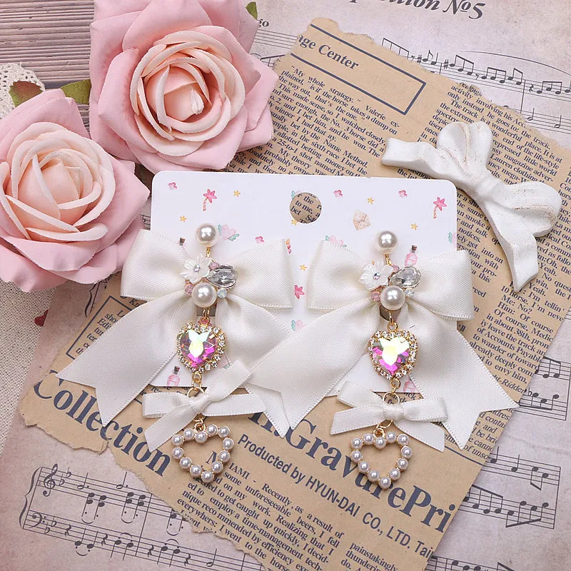 Soft Pink Lolita Earrings Handmade Bow Chic Sweet Girl's Earrings Clips for without Ear Holes/Needles Earring for Woman