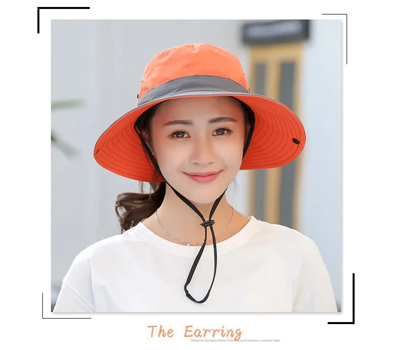 Women Summer Adjustable Bucket Hat with a Ponytail Hole Girls Sun Protection Hiking Cap Parent-child Outdoor Wide Brim Headgear