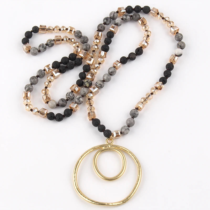 Fashion Bohemian Jewelry Accessory 6mm Stones/Crystal Knotted With Metal Round Pendant Necklaces Women Boho Gift