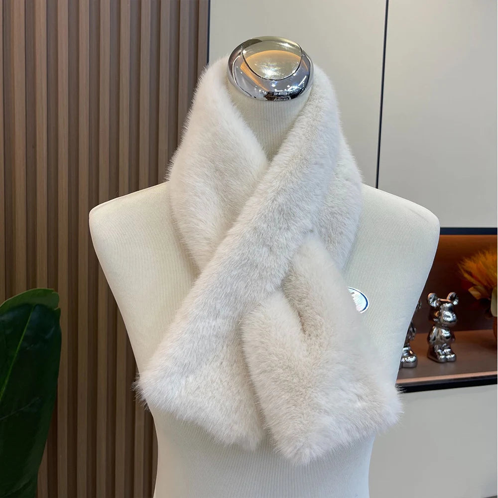 Korean Winter Faux Rabbit Fur Women Scarf Double-sided Soft Plush Snood Scarves Solid Neck Collar Warmer Stuff Christmas Gift